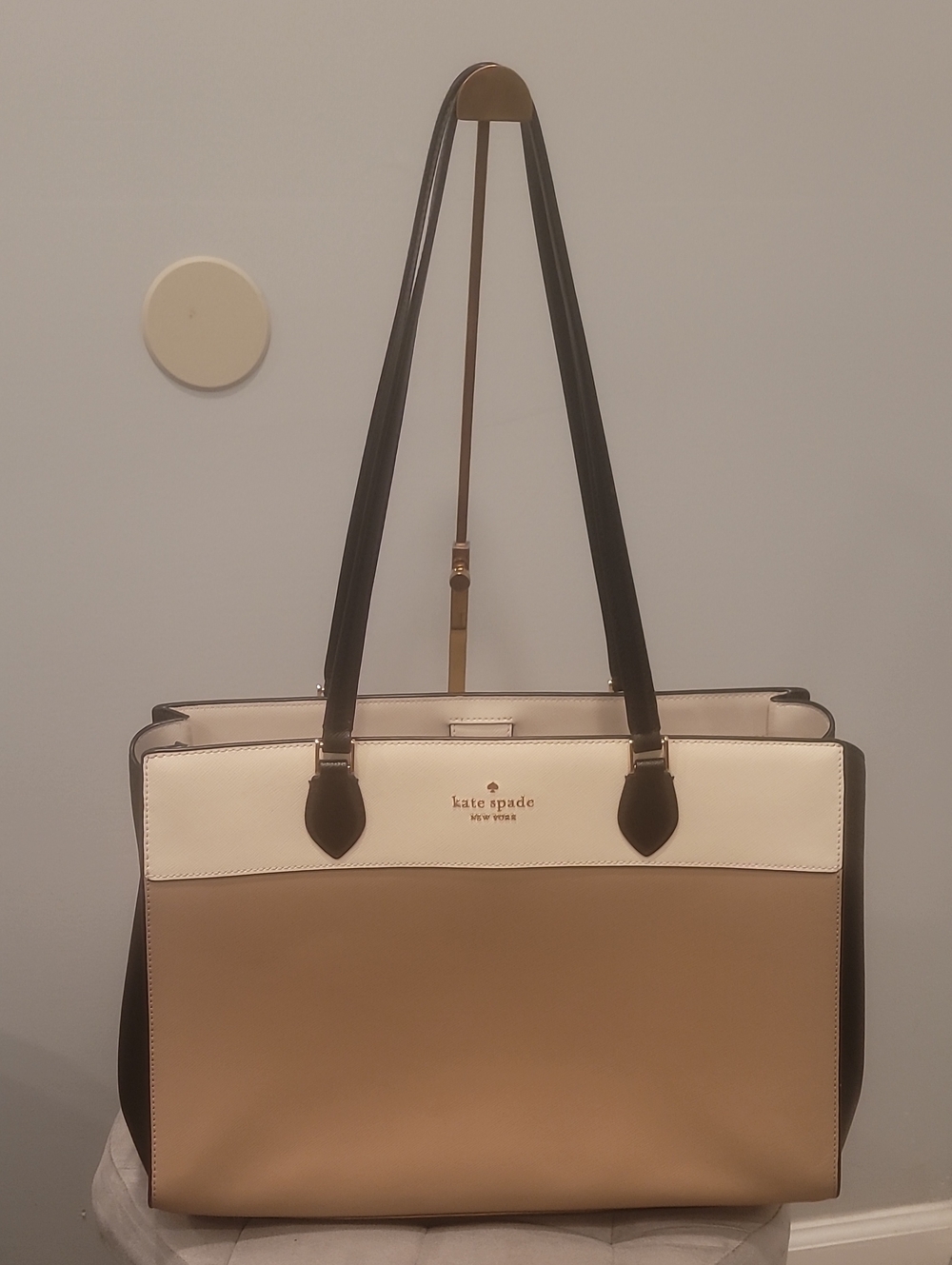 Kate Spade Madison East West Leather Laptop Tote Toasted Hazelnut Beige Multi
